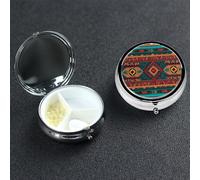 Ethnic Geometric Pattern Pill Box 3 Compartment Round Metal Pill Case for Purse & Pocket, Portable Medicine Organizer Travel Pillbox Daily Pill Container Holder to Hold Vitamins, Fish Oil