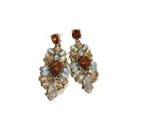 Ethnic-Inspired Glittering Drop Earrings: Amber Red Crystal & Iridescent Stone Cluster for Formal/Casual Wear
