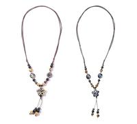 Ethnic Jewelry Weave Wax Rope Ceramics Necklace Ceramics Beads Pendant Long Necklace Traditional Ornaments Vintage Ceramic Handmade Flower Tassel Necklace Vintage Ceramic Handmade Flower