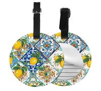 Ethnic Lemons Round Luggage Tag 4PCS Vintage PU Leather Travel Bag Tag ID Labels Name Card Holder wtih Buckle for Luggage Suitcase Backpacks