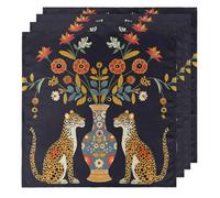 Ethnic Leopards Flowers Vase Cloth Napkins Set of 4, Dinner Napkins Cloth 50 x 50 cm, Soft & Comfortable Reusable Napkin for Party Wedding Napkins