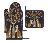 Ethnic Leopards Flowers Vase Oven Mitts and Pot Holders Heat Resistant BBQ Gloves Kitchen Gloves Hot Pads for Cooking Grilling Baking
