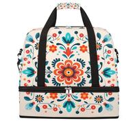 Ethnic Mandala Flower Leaves Foldable Travel Duffel Bag Expandable Gym Bag with Shoe Compartment Large Capacity Weekender Bag Carry On Tote Bag for Travel Sports Overnight Trips