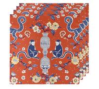 Ethnic Monkey Flowers Cloth Napkins Set of 4, Dinner Napkins Cloth 50 x 50 cm, Soft & Comfortable Reusable Napkin for Party Wedding Napkins