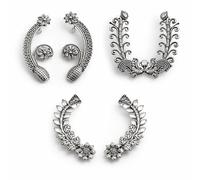 Ethnic Oxidized Silver Floral & Leaf Ear Cuff Set Of 3 Oxidized Silver Ear Cuff For Women Floral & Leaf EarCuff For Women