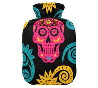 Ethnic Paisley Flower Skull Pink Yellow Black Cute hot Water Bottle with Soft Cover, 2L hot Water Bags for Sore Muscle, Hot and Cold Therapies, Bolsa para cólicos menstruales