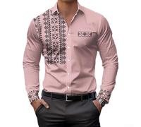 Ethnic Pattern Button Down Long Sleeve Shirt For Men With Regular Length, Vintage Detailing And Comfort-Focused Fabric(M Pink)