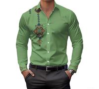 Ethnic Pattern Button Down Long Sleeve Shirt For Men With Regular Length, Vintage Detailing And Comfort-Focused Fabric(XL Green)