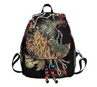 Ethnic Peacock Embroidered Backpack Chinese Yunnan Ethnic Stytle Embroidery Bag For Women black M
