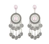 Ethnic Retro Round Tassel Coin Dangle Earrings Vintage Style Gypsy Tribal Boho Layered Disc Rhinestone Dangle Earrings Belly Dance Jewelry Accessories