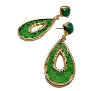 Ethnic Style Carved Flower Green Jade Teardrop Shape Electroplated Edge Stud Earrings