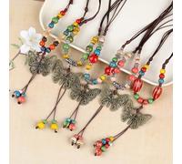 Ethnic style ceramic flower glaze beads paired with long necklace retro Bohemian copper butterfly temperament beaded accessories