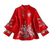 Ethnic Style Tang Suit Women Blouse Vintage Embroidery Chinese Tops Eleganti Loose Spring Autumn Female Shirt Hanfu Red XL