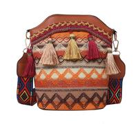 Ethnic Tote Bag for Women Canvas Handbag Bohemian Retro Shoulder Crossbody Bag with Tassels (Brown, One Size)