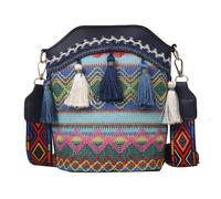 Ethnic Tote Bag for Women Canvas Handbag Bohemian Retro Shoulder Crossbody Bag with Tassels (Dark Blue, One Size)