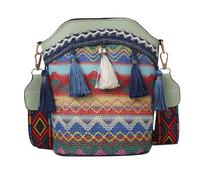 Ethnic Tote Bag for Women Canvas Handbag Bohemian Retro Shoulder Crossbody Bag with Tassels (Green, One Size)