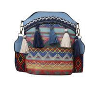 Ethnic Tote Bag for Women Canvas Handbag Bohemian Retro Shoulder Crossbody Bag with Tassels (Light Blue, One Size)