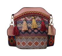 Ethnic Tote Bag for Women Canvas Handbag Bohemian Retro Shoulder Crossbody Bag with Tassels (One Size)
