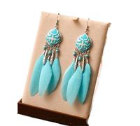 Ethnic Totem Long Feather Earrings For Women Vintage Metal Leaf Rice Bead Drop Earring Female Party Jewelry(Light Blue)