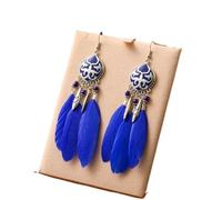 Ethnic Totem Long Feather Earrings For Women Vintage Metal Leaf Rice Bead Drop Earring Female Party Jewelry(Royal Blue)