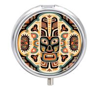 Ethnic Totem Metal Pill Organizer, 3 Compartment Waterproof Pill Case with Mirror for Purse Pocket Bag, Daily Medicine Vitamin Holder, Portable Travel Med Container(Round)