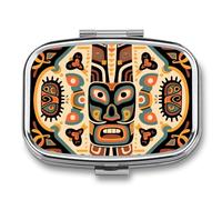 Ethnic Totem Pill Box Travel Pill Organizer with 2 Weekly Pill Compartments with Mirror, One Day Medicine Container, Medicine Organizer for Purse, Pocket