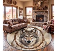 Ethnic Totem Round Washable Rug 200 cm Living Room Bedroom, Taupe Playroom | Low Pile Boho Dreamcatcher Wolf Feather Circle Rug, Stain & Fade Resistant Floor Carpet for Bedroom Living Room, Home Decor