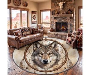 Ethnic Totem Round Washable Rug 200 cm Living Room Bedroom, Taupe Playroom | Low Pile Boho Dreamcatcher Wolf Feather Circle Rug, Stain & Fade Resistant Floor Carpet for Bedroom Living Room, Home Decor