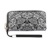 Ethnic Tribal Bohemian Indian Paisley Tattoo Mandala Flower Monochrome Long Clutch Wallet, Long Handbag with Removable Wristlet Strap, PU Leather Zip Purse, Credit Pass Case Card-Holder for Men Women