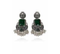 Ethnic Turquoise Stone Oxidised Jhumka Earrings for Women, Silver Tone with Turquoise Gemstone