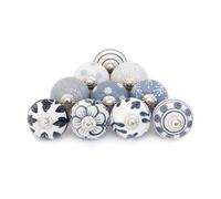 ETHNICITI 10 x Grey & White Handmade Ceramic Door Knobs for Cupboards Drawers Cabinets Wardrobe Assorted Vintage Shabby Chic Kitchen Bedroom Living Room Furniture Dressers Pulls Handles Home Decor