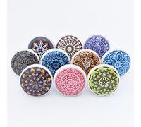 ETHNICITI 10 x Round Multicolour Geometric Assorted Handmade Ceramic Door Knobs Cupboard Drawers Cabinet Wardrobe Assorted Vintage Shabby Chic Kitchen Bedroom Living Room Furniture Dresser Pull Handle