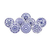 ETHNICITI 8 x Round Blue & White Handmade Geometric Ceramic Door Knobs Cupboards Drawers Cabinets Wardrobe Assorted Vintage Shabby Chic Kitchen Bedroom Living Room Furniture Dressers Pulls Handles
