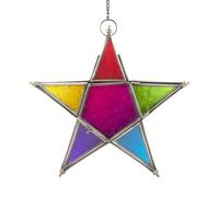 ETHNICITI Star Multicolour 24cm Small Decorative Hanging Handmade Moroccan Vintage Turkish Tonal Glass Lantern Tealight Candle Holder Window Patio Balcony Home Garden Living Room Christmas Diwali Gift
