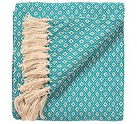 ETHNICITI Turquoise Diamond Recycled Cotton Woven Throw Sofa Bedspread for Settee Armchair Fringe Blanket Picnic Mat - 130x180cm