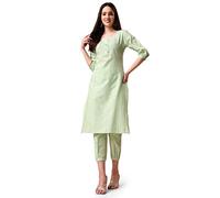 EthnicJunction Women's Woven Striped Work Straight Kurta and Pant Set, Light Green, Medium