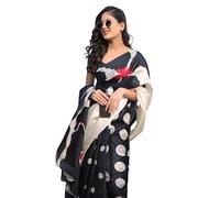 EthnicJunction Womne's Art Silk Printed and Polka Dot Saree With Blouse Piece (Black & Beige), Black, Free Size