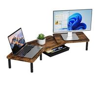 ETHU Dual Monitor Stand Riser for Desk - 3 Adjustable Height Computer Desk Organizer with Storage Drawer, Fits 2 Monitors, 75-103.4cm Horizontal Extendable Rotating Office Stand, Walnut
