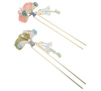 ETHZZLE 2pcs Enamel Floral Tassel Hair Sticks U Shaped Non Slip Retro Hair Chopsticks for Women Hanfu Styling Supplies Pink Green