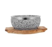 ETHZZLE Korean Bibimbap Stone Bowl with Natural Stone Material Molding High Heat Resistance for Cooking and Serving Korean Cuisine with Carbonized Wood Base