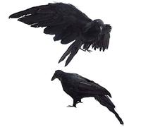 Etistta 2-Pack Realistic Crows Lifesize Extra Large Handmade Black Feathered Crow for Halloween Decorations Birds, L (13 inch+12 inch)