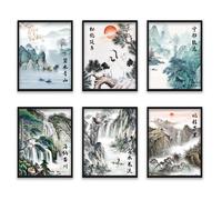 ETIUC Chinese Ancient Landscape Wall Art Prints Set of 6 Unframed Traditional Chinese Brush Painting for Wall Decor Calligraphy Posters China-Inspired Feng Shui Gifts 8x10in