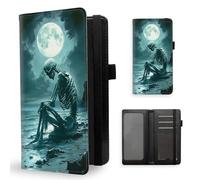 ETLKJVBL Checkbook Cover for Men & Women, Stylish Leather Checkbook Holder Wallet, Rfid Blocking Check Book Cover-43, Skeleton By The Sea Under Full Moon, Contemporary