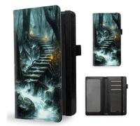 ETLKJVBL Checkbook Cover for Men & Women, Stylish Leather Checkbook Holder Wallet, Rfid Blocking Check Book Cover-42, Stone Steps With Torches In Misty Forest, Contemporary