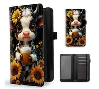 ETLKJVBL Checkbook Cover for Men & Women, Stylish Leather Checkbook Holder Wallet, Rfid Blocking Check Book Cover-49, Cow with Sunflowers and Warm Drink, Contemporary