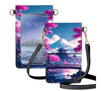 ETLKJVBL Crossbody Phone Case, Japanese Landscape Fuji Sakura RFID Blocking Crossbody Bag with Card Slots & Phone Holder, Waterproof Anti-Theft Touch Screen Phone Purse for Women