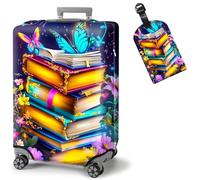 ETLKJVBL Elastic Luggage Covers Suitcase Covers Washable Waterproof Dustproof with Adjustable Straps and Cute Luggage Tag 16, Stacks of books, colours, flowers, L - Fits 25 - 28 Inch, Art Deco