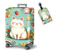 ETLKJVBL Elastic Suitcase Covers for Luggage - Washable Waterproof Dustproof Luggage Cover with Adjustable Straps & Cute Baggage Tag-19, Chubby Cat with Forest Friends, XL - Fits 29 - 32 Inch, Art