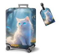 ETLKJVBL Elastic Suitcase Covers for Luggage - Washable Waterproof Dustproof Luggage Cover with Adjustable Straps & Cute Baggage Tag-21, White Cat in Enchanted Forest, L - Fits 25 - 28 Inch, Art Deco