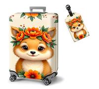 ETLKJVBL Elastic Suitcase Covers for Luggage - Washable Waterproof Dustproof Luggage Cover with Adjustable Straps & Cute Baggage Tag-21, Cute Fox with Orange Flower, M - Fits 22 - 24 Inch, Art Deco